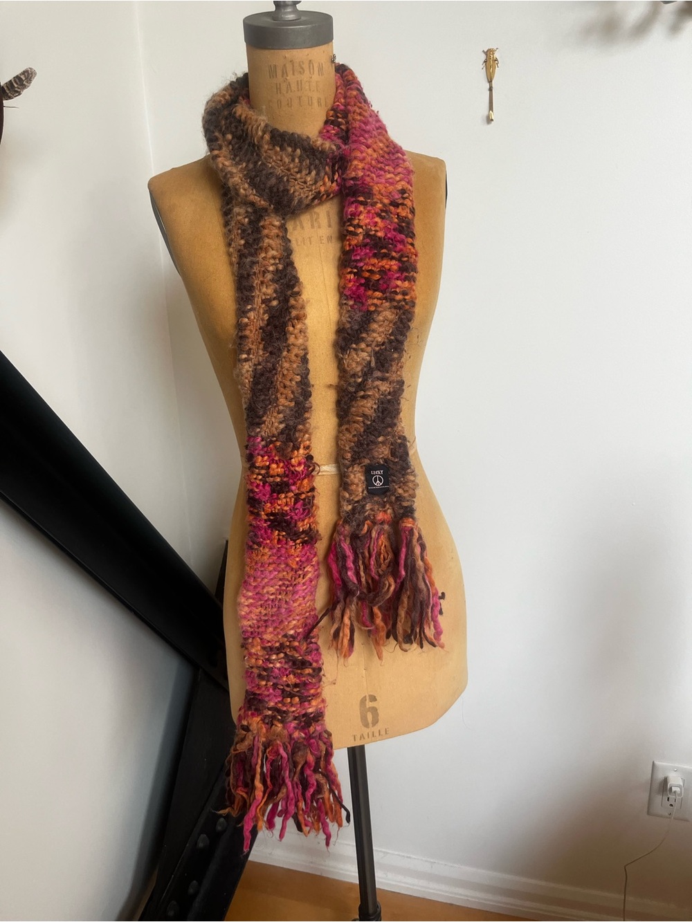 Lucky Brand Brown and Pink Multicolor Knit Scarf with Fringe